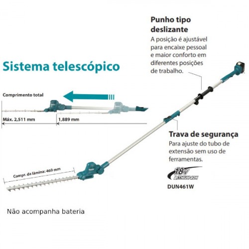 Aparador de cerca viva haste telesc�pica a bateria 18V 460 mm Sem Bateria - DUN461WZ