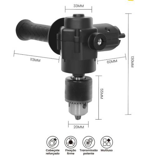 Adaptador para furadeira parafusadeira com mandril em ângulo reto de 90 graus - BOM-5649 Adaptador para furadeira parafusadeira com mandril em ângulo reto de 90 graus - BOM-5649