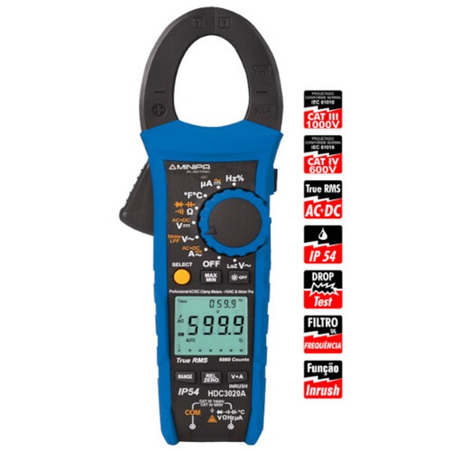 Alicate amper�metro digital 600A True RMS AC+DC CAT IV 600V - HDC-3020A