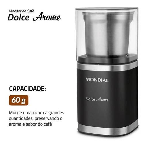 Moedor de café e grãos elétrico 180W em aço inox Dolce Arome - MCF-01-BI 220V Moedor de café e grãos elétrico 180W em aço inox Dolce Arome - MCF-01-BI 220V