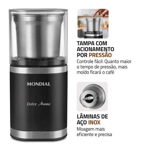 Moedor de café e grãos elétrico 180W em aço inox Dolce Arome - MCF-01-BI 220V Moedor de café e grãos elétrico 180W em aço inox Dolce Arome - MCF-01-BI 220V