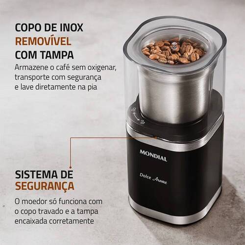 Moedor de café e grãos elétrico 180W em aço inox Dolce Arome - MCF-01-BI 220V Moedor de café e grãos elétrico 180W em aço inox Dolce Arome - MCF-01-BI 220V