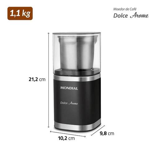 Moedor de café e grãos elétrico 180W em aço inox Dolce Arome - MCF-01-BI 220V Moedor de café e grãos elétrico 180W em aço inox Dolce Arome - MCF-01-BI 220V