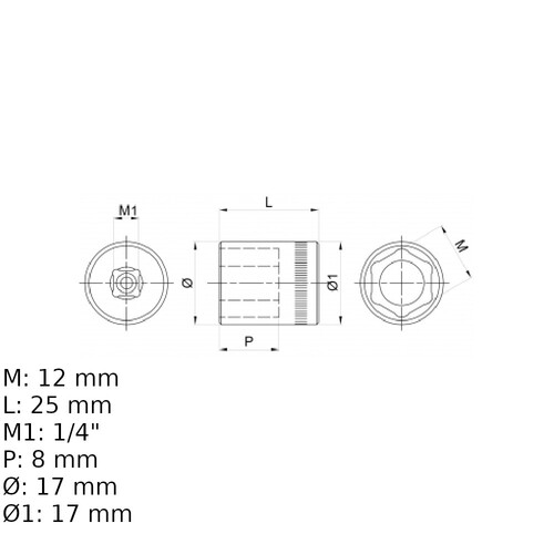 Soquete sextavado 12 mm encaixe 1/4
