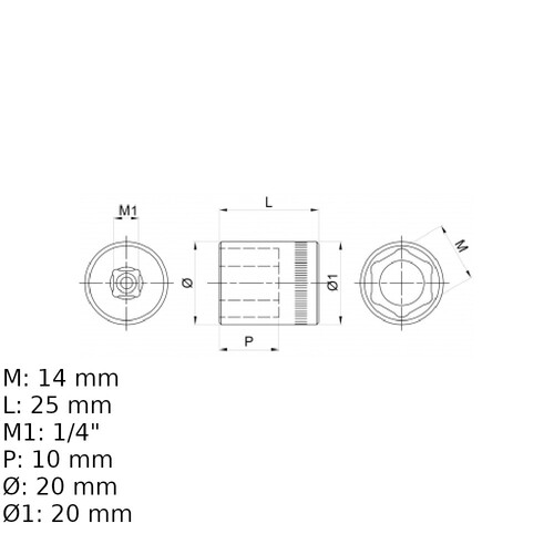 Soquete sextavado 14 mm encaixe 1/4