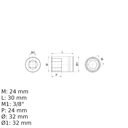 Soquete sextavado 24 mm encaixe 3/8 Soquete sextavado 24 mm encaixe 3/8