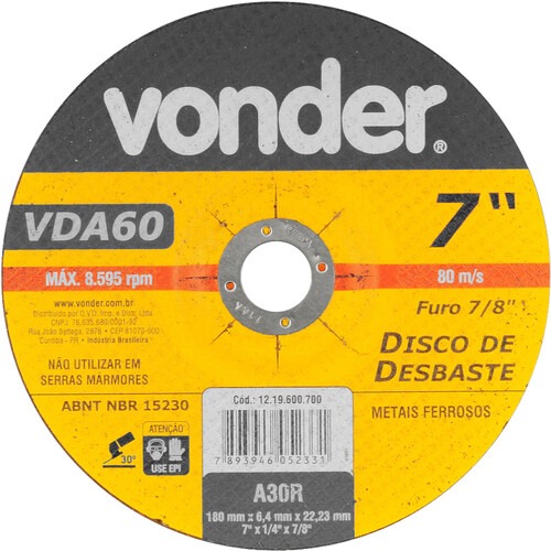 Disco de desbaste para metal 180 x 6,4 x 22,23 mm - VDA-60 Disco de desbaste para metal 180 x 6,4 x 22,23 mm - VDA-60