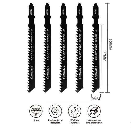 Lâmina serra tico tico 100 mm 8 dentes para madeira 5 peças - BOM-5130 Lâmina serra tico tico 100 mm 8 dentes para madeira 5 peças - BOM-5130