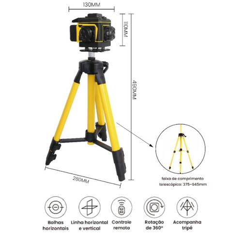 N�vel a laser verde a bateria 12 linhas 25 m com trip� e kit de acess�rios - BOM-6216