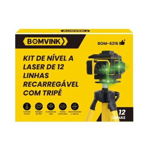 N�vel a laser verde a bateria 12 linhas 25 m com trip� e kit de acess�rios - BOM-6216