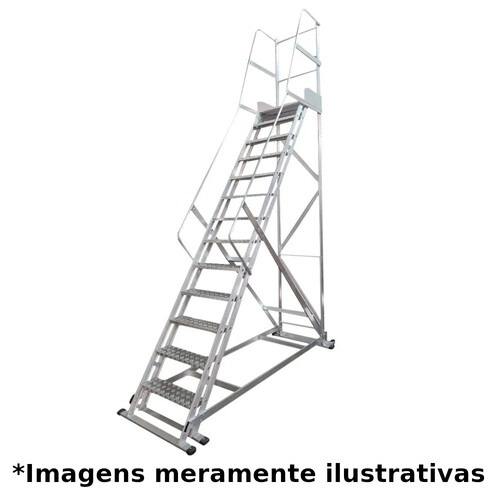 Escada plataforma de alumínio 3.75 m com 14 degraus + patamar - Escada plataforma de alumínio 3.75 m com 14 degraus + patamar -